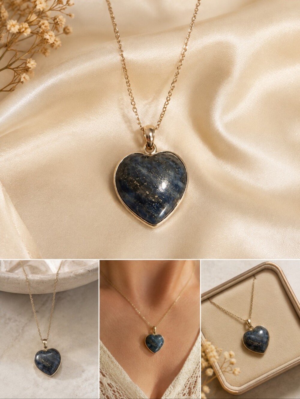 Blue-Gray Lapis Gemstone Heart Necklace on Silver-Tone Chain NWOT